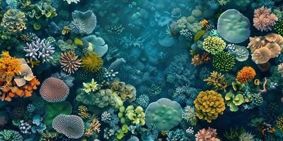 Top-down view of coral reef displaying diverse structures and different types of corals forming ecosystem, picture photo