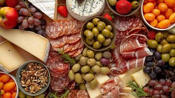 Top-down view of an elaborate charcuterie board featuring fresh fruits nuts olives and assorted cheeses perfect for entertaining, photo
