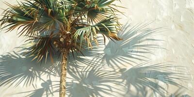 Towering palm tree with slender, feather-like leaves casting dappled shadows on the sunlit ground, photography photo