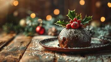 Traditional Christmas pudding with holly and powdered sugar on a rustic table, photorealistic photo