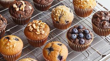 Tray of assorted sugar-free muffins including blueberry banana nut and chocolate chip cooling on a wire rack, photo