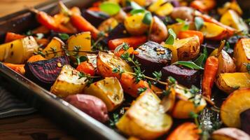 Tray of roasted root vegetables carrots potatoes beets fresh out of the oven, picture photo