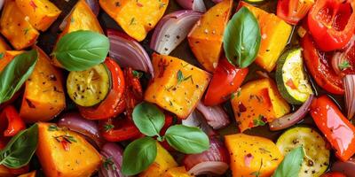 Roasted vegetables tray with sweet potatoes, bell peppers, zucchini, and red onions, photorealistic photo