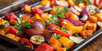 Roasted vegetables tray with sweet potatoes, bell peppers, zucchini, and red onions, photography photo