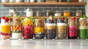 Smoothie jars with layers of fruit yogurt and granola lined up on kitchen counter, picture photo