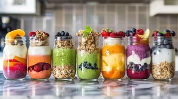 Smoothie jars with layers of fruit yogurt and granola lined up on kitchen counter, photo