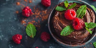 Vegan chocolate mousse made with avocado and cocoa powder, garnished with raspberries and mint, photorealistic photo