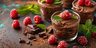Vegan chocolate mousse made with avocado and cocoa powder, garnished with raspberries and mint, picture photo