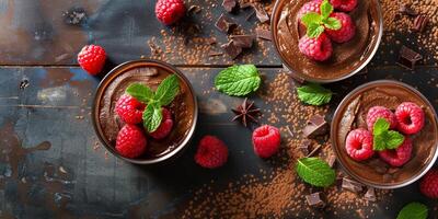 Vegan chocolate mousse made with avocado and cocoa powder, garnished with raspberries and mint, photo