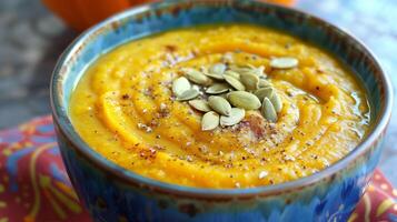 Bowl of butternut squash soup silky smooth topped with roasted pumpkin seeds and nutmeg, photo