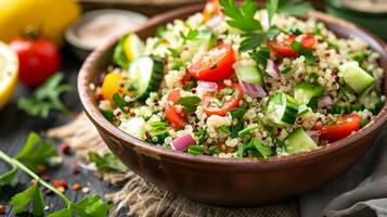 Vibrant bowl of quinoa salad mixed with chopped cucumbers cherry tomatoes red onions and fresh parsley topped with a lemon tahini dressing, photography photo