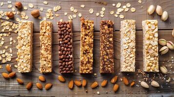 Vibrant display of assorted sugar-free granola bars on a rustic wooden table with scattered oats and nuts, photo