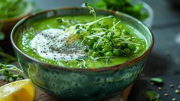 Green bowl of spinach and pea soup garnished with yogurt swirl and microgreens served with lemon wedge, photorealistic photo