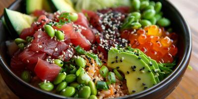 Poke bowl with diced ahi tuna, avocado, cucumber, edamame, and sesame seeds over sushi rice, photography photo