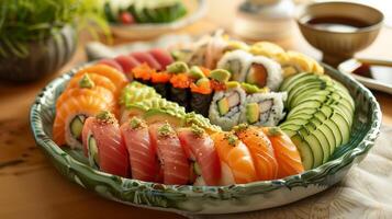 Vibrant sushi platter featuring assorted rolls including salmon tuna and cucumber arranged with wasabi and ginger, photorealistic photo