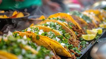 A vibrant street food stall with a colorful array of freshly prepared tacos garnished with cilantro onions and lime wedges, photography photo