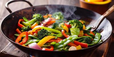 Vegetable stir-fry cooking in a wok with bell peppers, broccoli, snap peas, and carrots, photo
