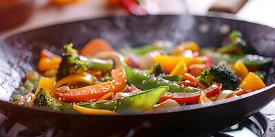 Vegetable stir-fry cooking in a wok with bell peppers, broccoli, snap peas, and carrots, photography photo