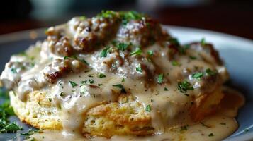 Warm buttery biscuit with sausage gravy, photorealistic photo