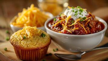 Buttery cornbread muffin beside hearty chili topped with cheddar cheese and sour cream, photography photo