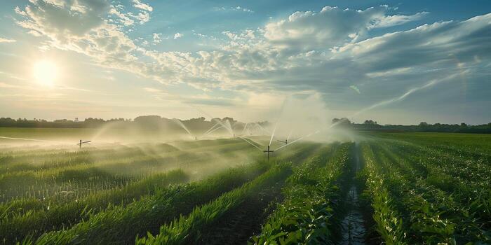 Wide-angle view of a field with sprinklers evenly spaced for efficient coverage, photo
