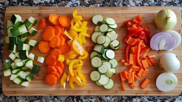 Cutting board with assorted fresh vegetables being prepped including bell peppers zucchini carrots and onions, photorealistic photo