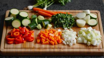 Cutting board with assorted fresh vegetables being prepped including bell peppers zucchini carrots and onions, photography photo