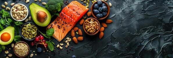 Aerial view of healthy food including avocado, broccoli, salmon, nuts, oatmeal, berries, eggs, vegetables, picture photo