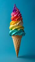 Rainbow color ice cream in a cone on a blue background, pride celebration with copy space banner, photorealistic photo