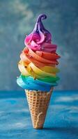 Rainbow color ice cream in a cone on a blue background, pride celebration with copy space banner, picture photo