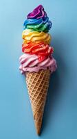 Rainbow color ice cream in a cone on a blue background, pride celebration with copy space banner, photo