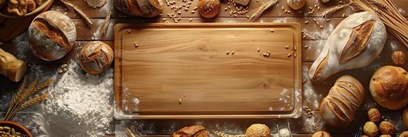 Aerial view of various breads and fragments encircling an empty wooden board with flour, wheat ears, and kitchen tools, warm ambiance, picture photo