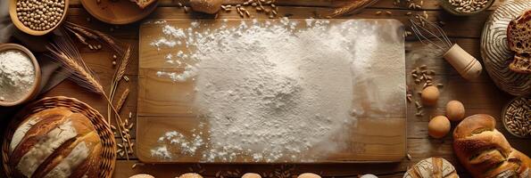 Aerial view of various breads and fragments encircling an empty wooden board with flour, wheat ears, and kitchen tools, warm ambiance, photography photo