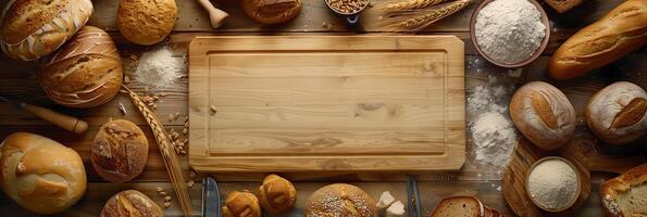 Aerial view of various breads and fragments encircling an empty wooden board with flour, wheat ears, and kitchen tools, warm ambiance, photo