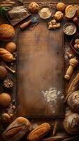 Aerial view of various breads and fragments encircling an empty wooden board with flour, wheat ears, and kitchen tools, warm ambiance, photorealistic photo