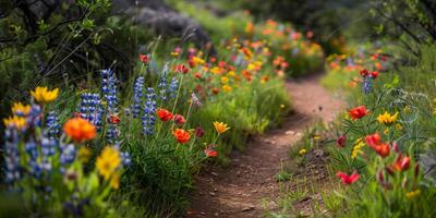 Array of colorful wildflowers lining a narrow dirt path, creating a picturesque and inviting scene, photography photo