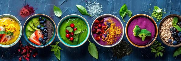 Array of colorful smoothie bowls packed with superfoods, picture photo