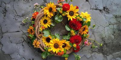 Assembly of sunflowers and dahlias with braided hemp cord, picture photo