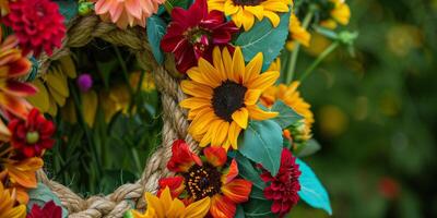 Assembly of sunflowers and dahlias with braided hemp cord, photo