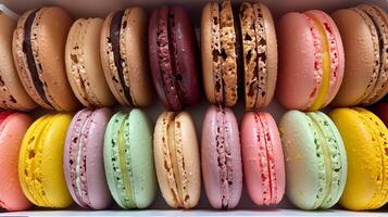 An assortment of colorful macarons arranged neatly in a box featuring flavors like raspberry pistachio lemon and chocolate, photography photo
