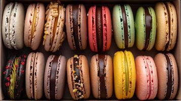 An assortment of colorful macarons arranged neatly in a box featuring flavors like raspberry pistachio lemon and chocolate, picture photo
