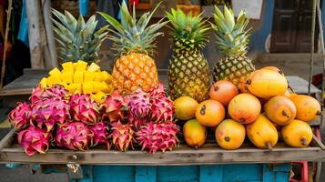 An assortment of exotic fruits displayed on a street vendor's cart including dragon fruits pineapples and mangoes arranged in a picturesque manner, picture photo