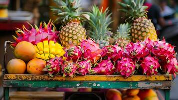 An assortment of exotic fruits displayed on a street vendor's cart including dragon fruits pineapples and mangoes arranged in a picturesque manner, photo
