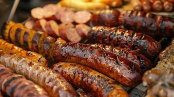 Assortment of grilled sausages bratwurst chorizo with mustards and soft pretzel bites, photorealistic photo
