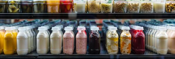 Assortment of probiotic-rich yogurt and kefir drinks in a refrigerated section, photography photo