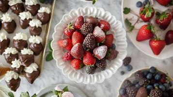 Elegant dessert table with chocolate-dipped strawberries assorted berries and coconut whipped cream for dipping, photo