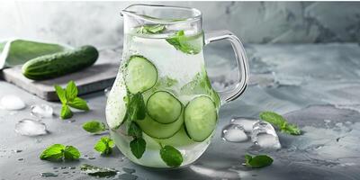 Elegant glass pitcher with cucumber and mint-infused water, condensation on outside, photography photo