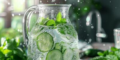 Elegant glass pitcher with cucumber and mint-infused water, condensation on outside, photorealistic photo