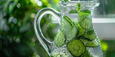 Elegant glass pitcher with cucumber and mint-infused water, condensation on outside, picture photo