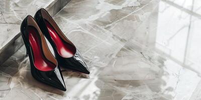 Black leather high heels with red soles on polished marble floor, photo